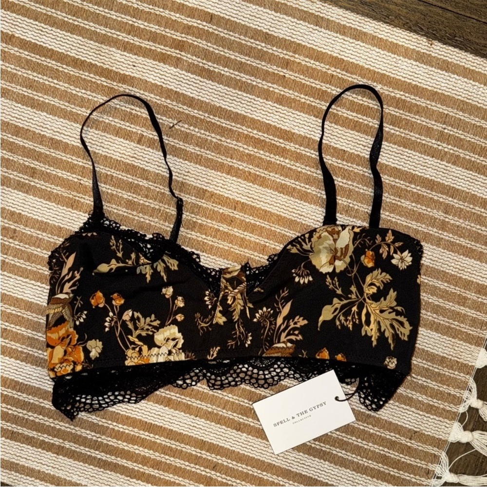 Spell & The Gypsy NEW Rosa Spanish Detail Floral Lace Bralette Black Coal Size L - Picture 2 of 7